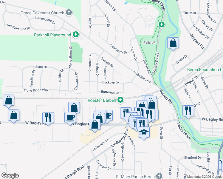 map of restaurants, bars, coffee shops, grocery stores, and more near 334 Butternut Lane in Berea