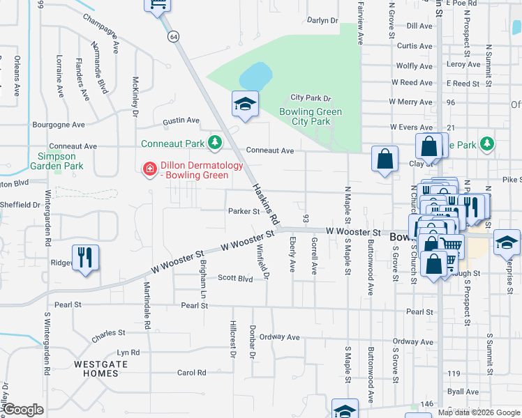 map of restaurants, bars, coffee shops, grocery stores, and more near 204 Haskins Road in Bowling Green