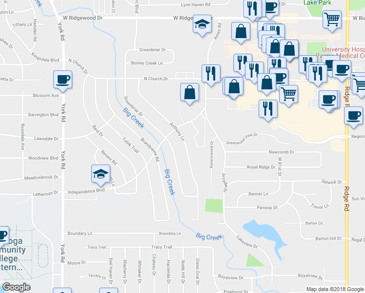 map of restaurants, bars, coffee shops, grocery stores, and more near 6960 Anthony Lane in Parma Heights