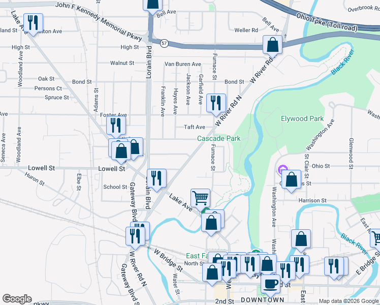 map of restaurants, bars, coffee shops, grocery stores, and more near 745 West River Road North in Elyria