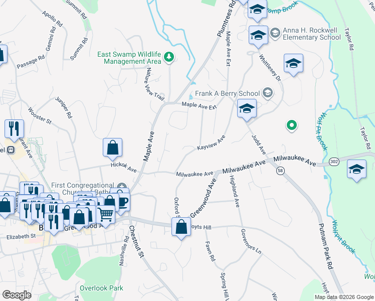map of restaurants, bars, coffee shops, grocery stores, and more near 8B Kayview Avenue in Bethel