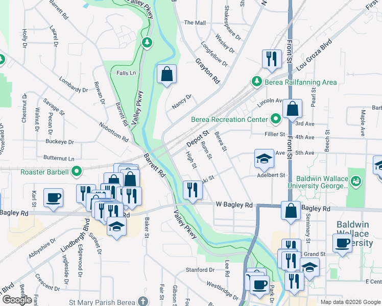 map of restaurants, bars, coffee shops, grocery stores, and more near 398 High Street in Berea