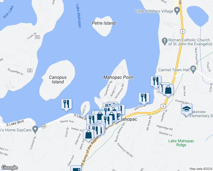 map of restaurants, bars, coffee shops, grocery stores, and more near 37 Tamarack Road in Mahopac