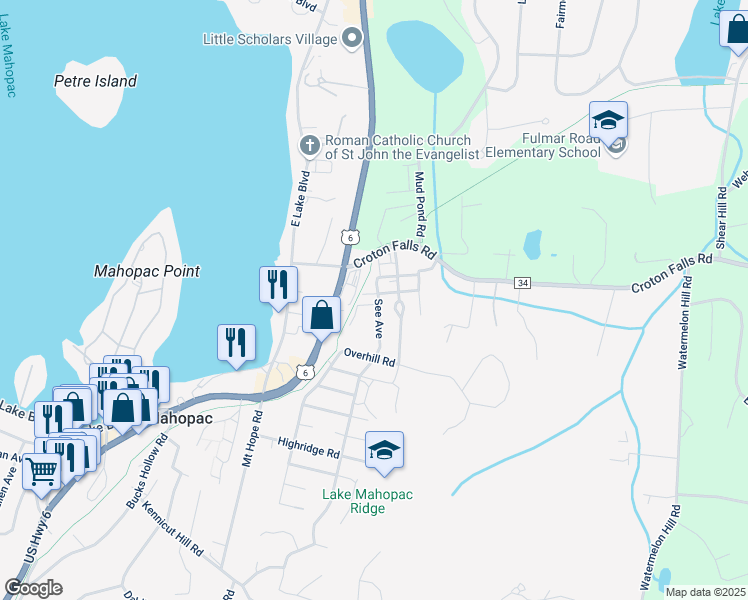 map of restaurants, bars, coffee shops, grocery stores, and more near 9 Baldwin Street in Mahopac