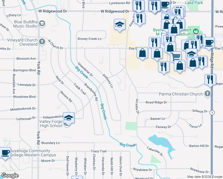 map of restaurants, bars, coffee shops, grocery stores, and more near 6960 Anthony Lane in Parma Heights