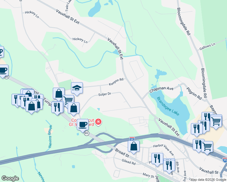map of restaurants, bars, coffee shops, grocery stores, and more near 29 Soljer Drive in Waterford
