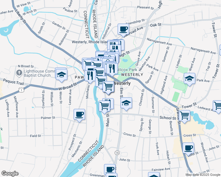 map of restaurants, bars, coffee shops, grocery stores, and more near Union Street in Westerly