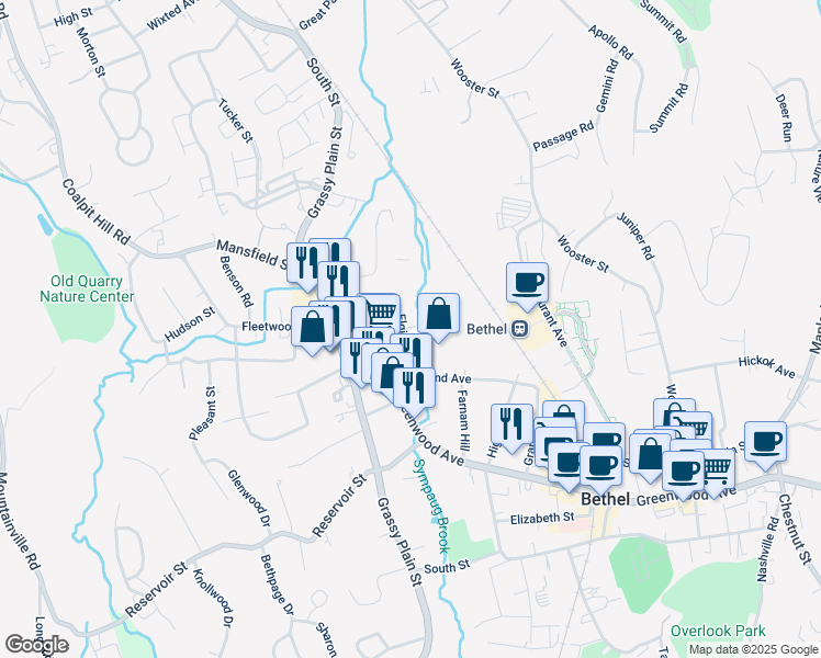 map of restaurants, bars, coffee shops, grocery stores, and more near 15 Elgin Avenue in Bethel