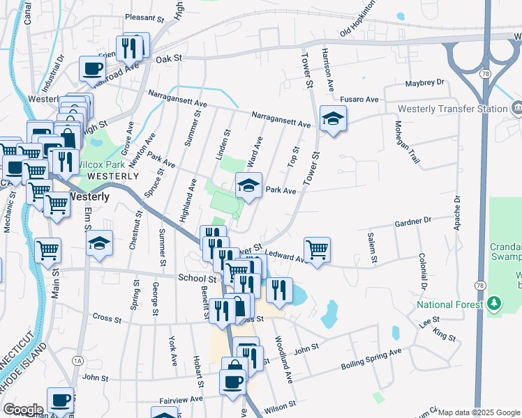 map of restaurants, bars, coffee shops, grocery stores, and more near d16 Bellevue Avenue in Westerly