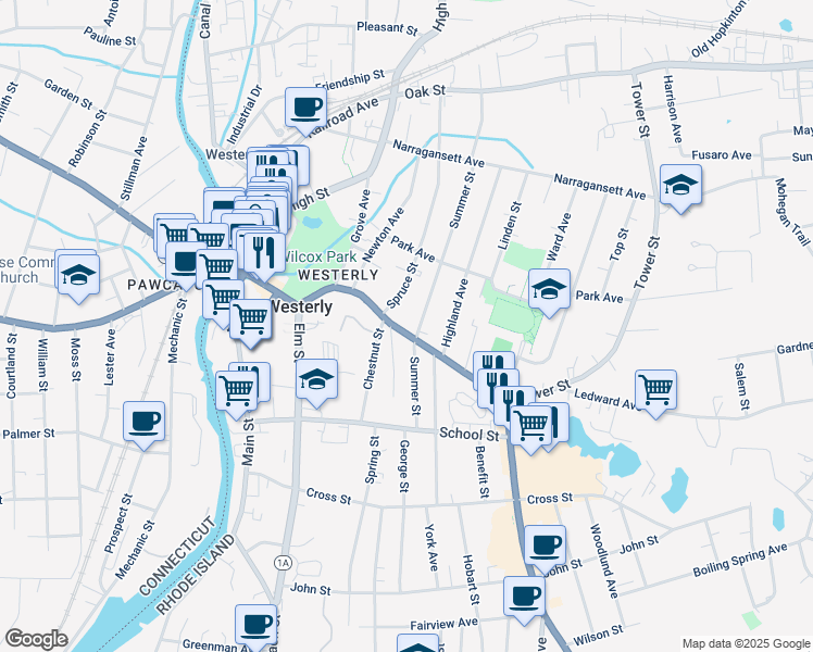 map of restaurants, bars, coffee shops, grocery stores, and more near 56 Granite Street in Westerly