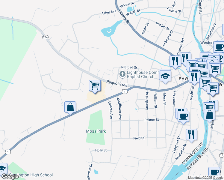 map of restaurants, bars, coffee shops, grocery stores, and more near 10 Pequot Run in Stonington