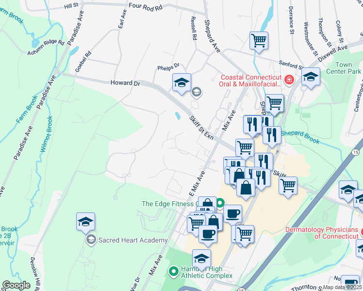 map of restaurants, bars, coffee shops, grocery stores, and more near 163 Towne House Road in Hamden