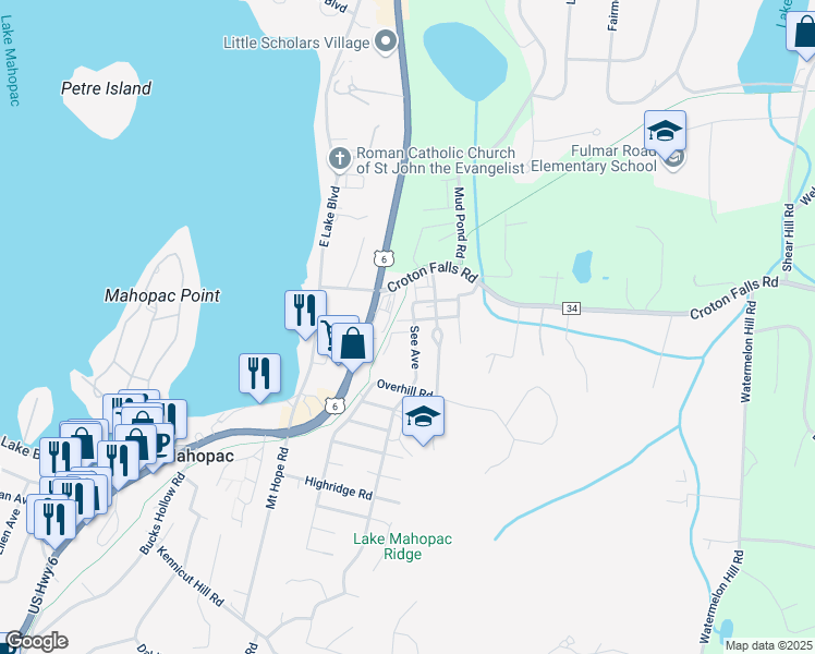 map of restaurants, bars, coffee shops, grocery stores, and more near 9 Baldwin Street in Mahopac