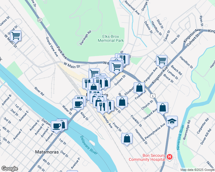 map of restaurants, bars, coffee shops, grocery stores, and more near 139 Pike Street in Port Jervis