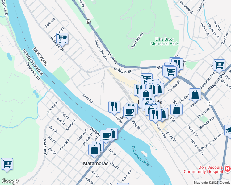 map of restaurants, bars, coffee shops, grocery stores, and more near 20 King Street Exd in Port Jervis