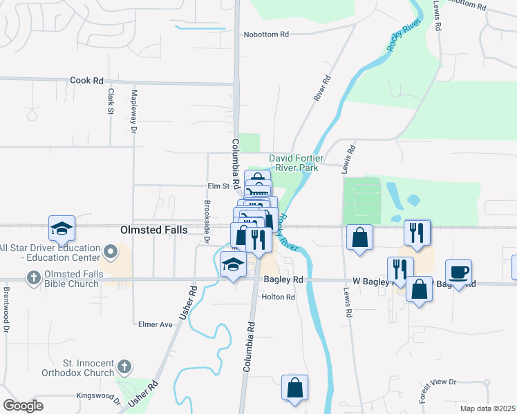 map of restaurants, bars, coffee shops, grocery stores, and more near 7990 Columbia Road in Olmsted Falls
