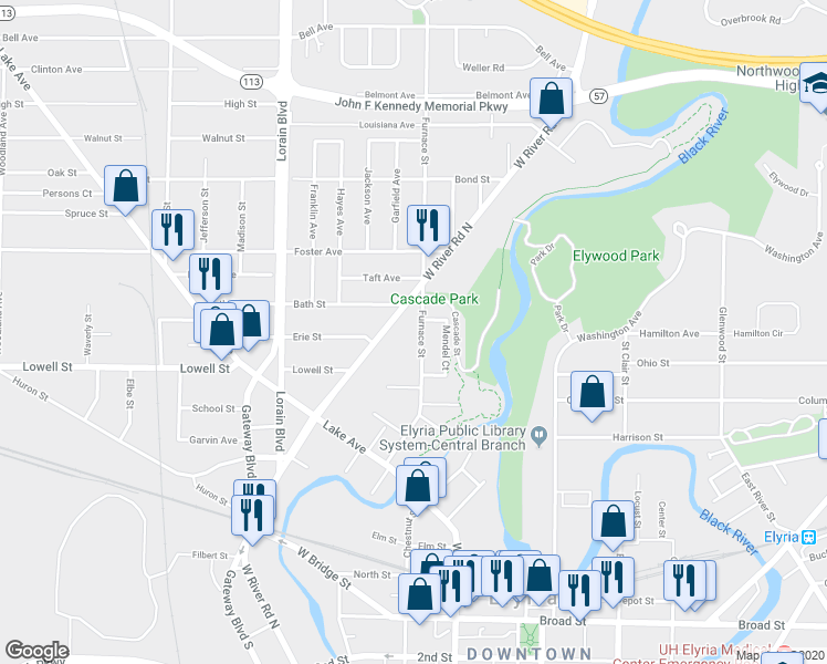 map of restaurants, bars, coffee shops, grocery stores, and more near 357 Furnace Street in Elyria