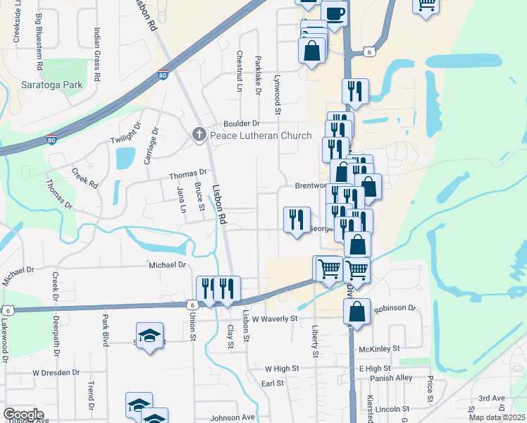 map of restaurants, bars, coffee shops, grocery stores, and more near 1711 Parklake Drive in Morris