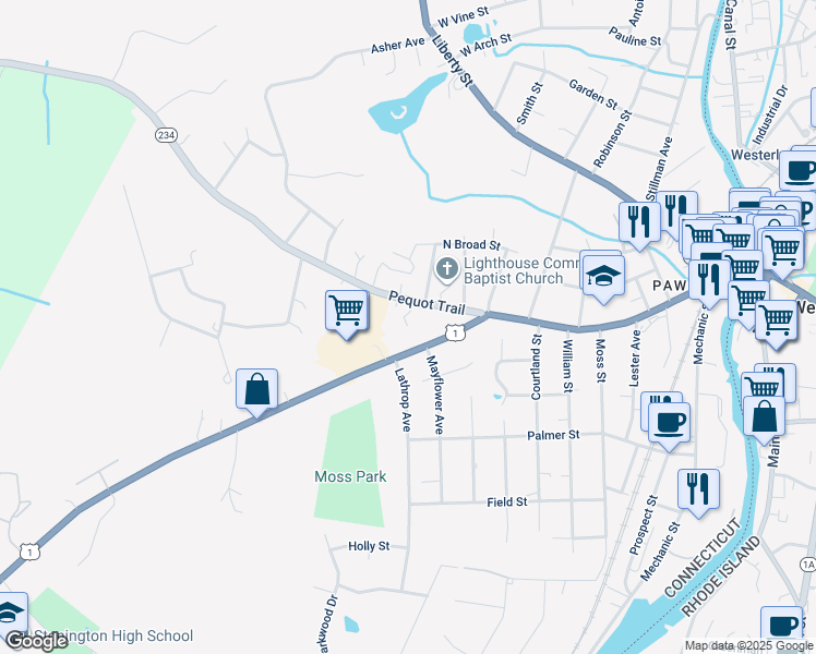 map of restaurants, bars, coffee shops, grocery stores, and more near 10 Pequot Run in Stonington