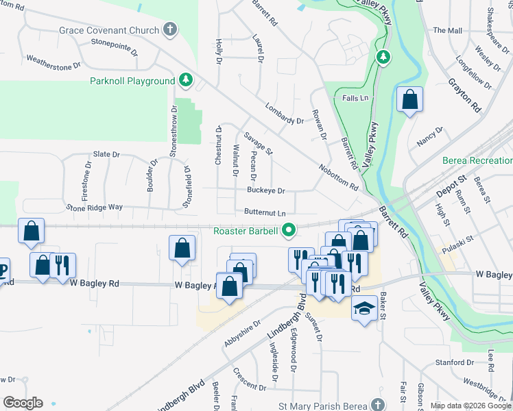 map of restaurants, bars, coffee shops, grocery stores, and more near 334 Butternut Lane in Berea