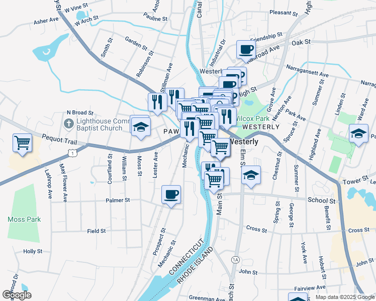 map of restaurants, bars, coffee shops, grocery stores, and more near 26 Mechanic Street in Stonington
