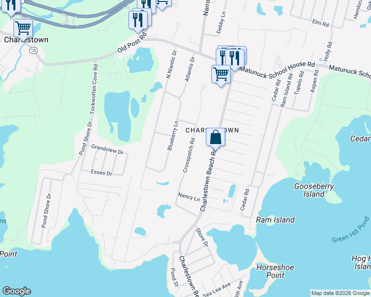 map of restaurants, bars, coffee shops, grocery stores, and more near 85 Crosspatch Road in Charlestown