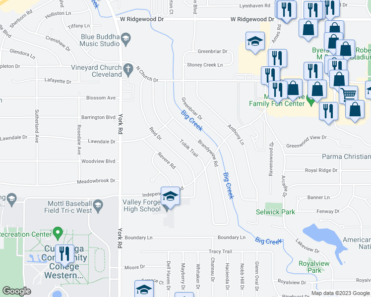 map of restaurants, bars, coffee shops, grocery stores, and more near 6868 Tobik Trail in Cleveland