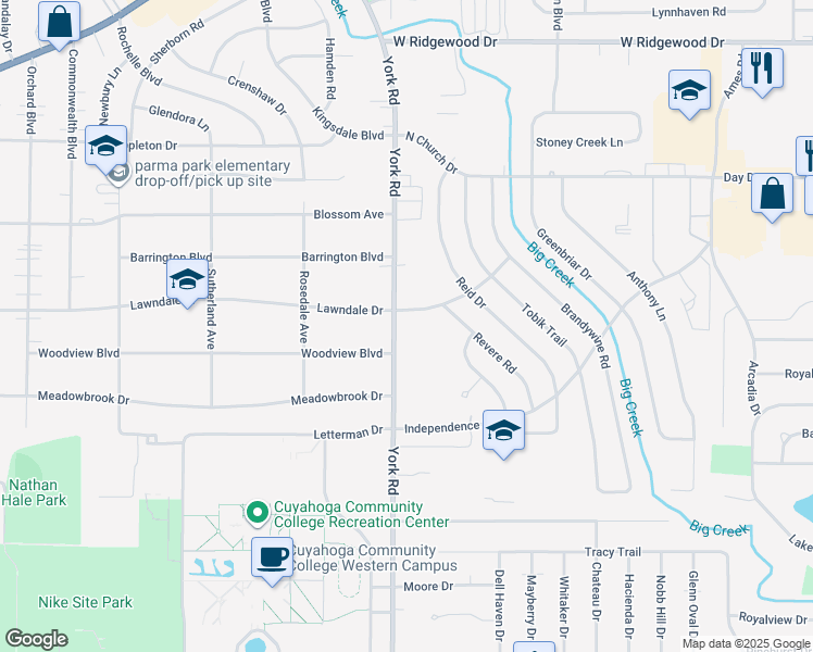 map of restaurants, bars, coffee shops, grocery stores, and more near 6903 York Road in Parma Heights