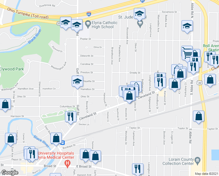 map of restaurants, bars, coffee shops, grocery stores, and more near 138 Brandtson Avenue in Elyria