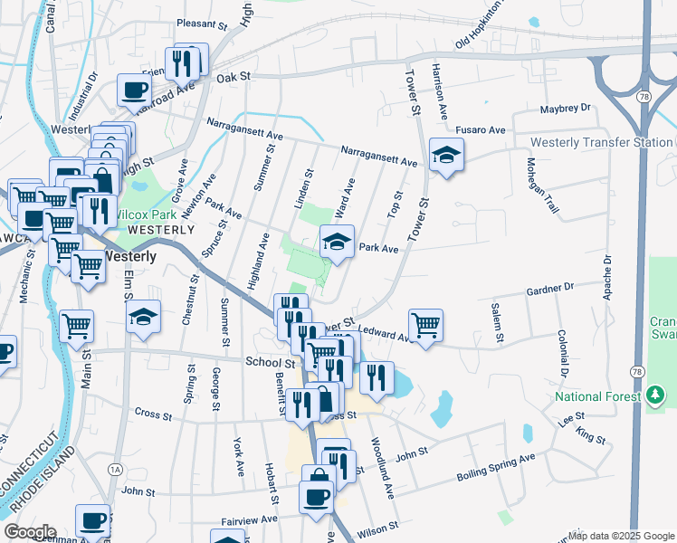 map of restaurants, bars, coffee shops, grocery stores, and more near 23 Ward Avenue in Westerly