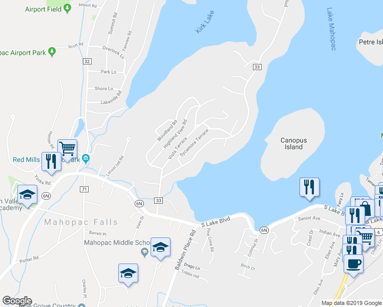 map of restaurants, bars, coffee shops, grocery stores, and more near 67 West Lake Boulevard in Mahopac