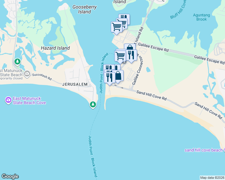 map of restaurants, bars, coffee shops, grocery stores, and more near 254 Great Island Road in Narragansett