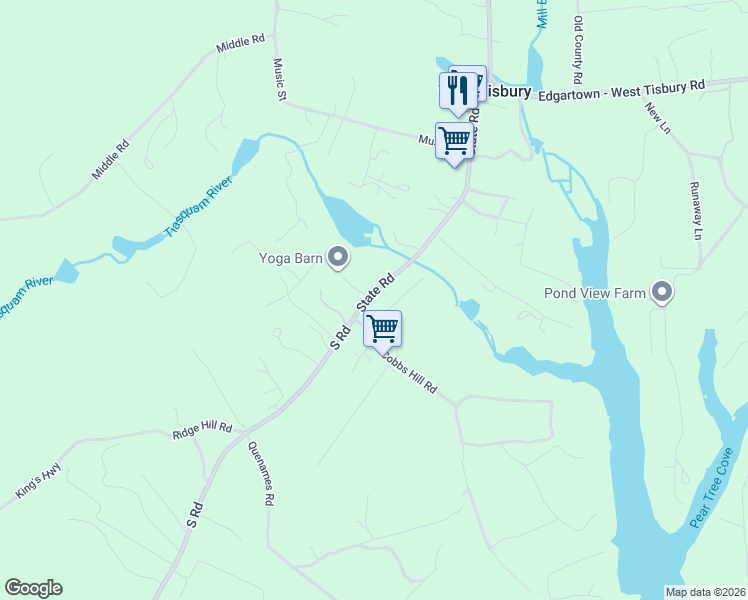 map of restaurants, bars, coffee shops, grocery stores, and more near 16 South Road in Chilmark
