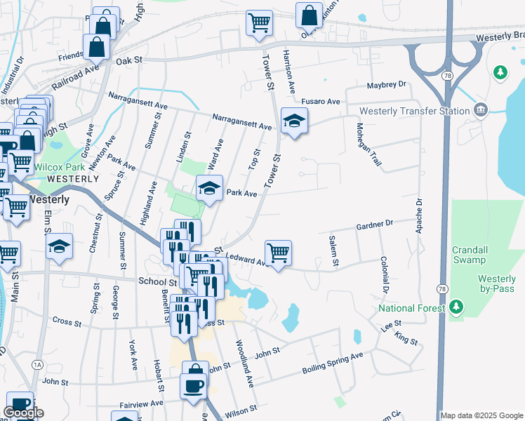 map of restaurants, bars, coffee shops, grocery stores, and more near 4 Joshua Street in Westerly