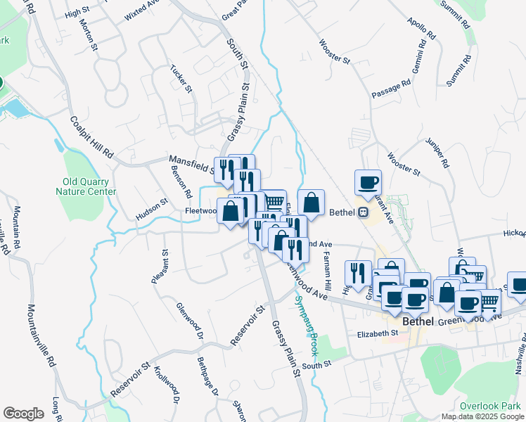 map of restaurants, bars, coffee shops, grocery stores, and more near 6 Whitney Road in Bethel