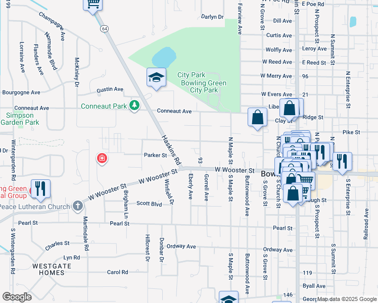 map of restaurants, bars, coffee shops, grocery stores, and more near 209 Meeker Street in Bowling Green