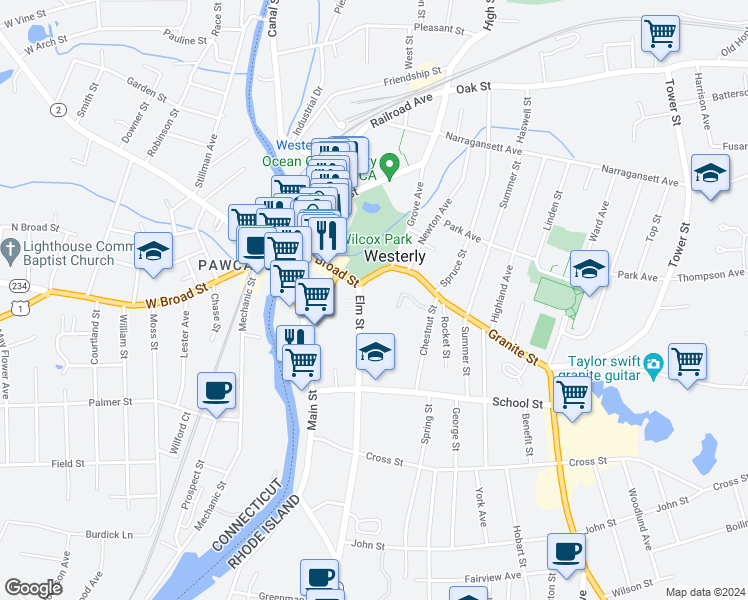 map of restaurants, bars, coffee shops, grocery stores, and more near 5 Chestnut Street in Westerly