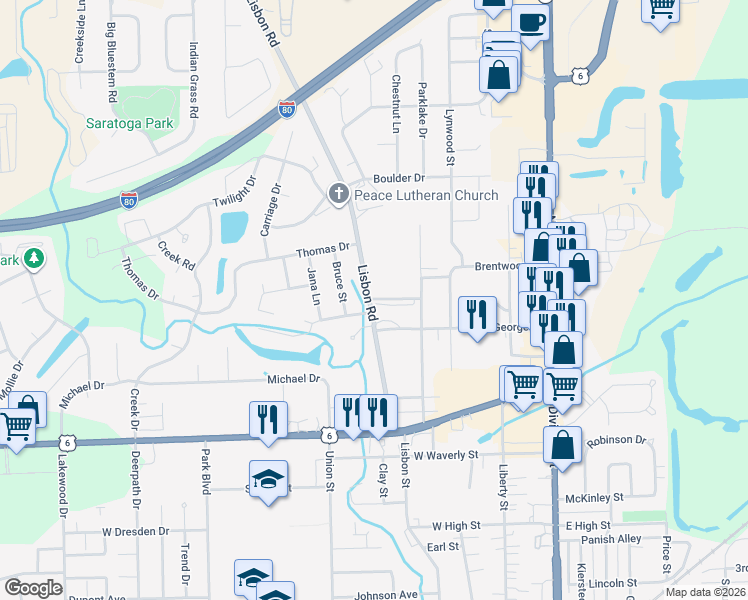 map of restaurants, bars, coffee shops, grocery stores, and more near 500 Brentwood Drive in Morris