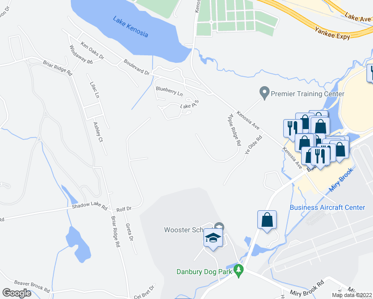 map of restaurants, bars, coffee shops, grocery stores, and more near 40 Apple Ridge Road in Danbury
