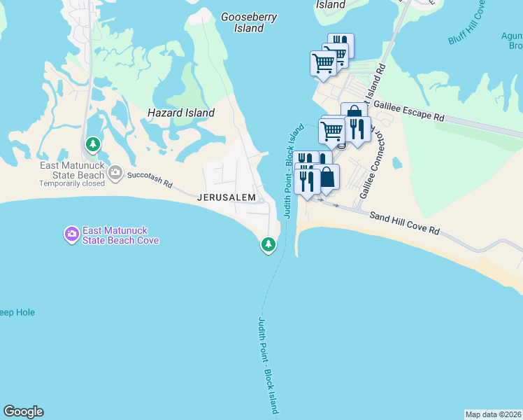 map of restaurants, bars, coffee shops, grocery stores, and more near 1151 Succotash Road in Narragansett