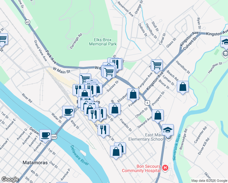 map of restaurants, bars, coffee shops, grocery stores, and more near 11 East Broome Street in Port Jervis