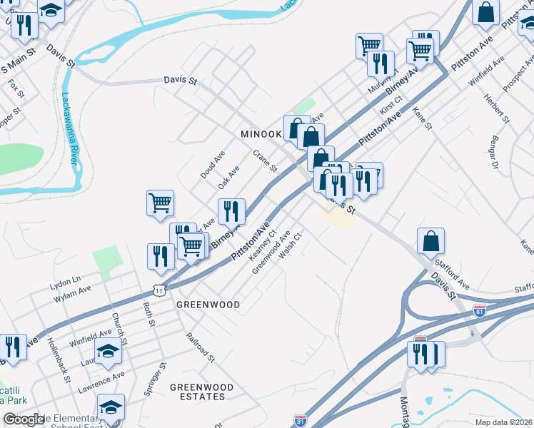 map of restaurants, bars, coffee shops, grocery stores, and more near 3248 Pittston Avenue in Scranton