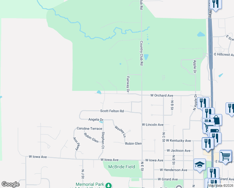 map of restaurants, bars, coffee shops, grocery stores, and more near 902 Sunset Drive in Indianola