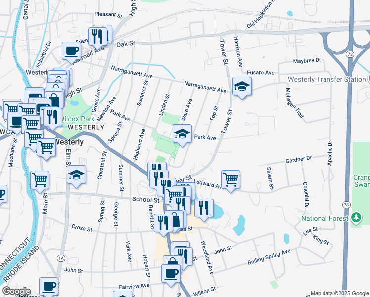 map of restaurants, bars, coffee shops, grocery stores, and more near d16 Bellevue Avenue in Westerly