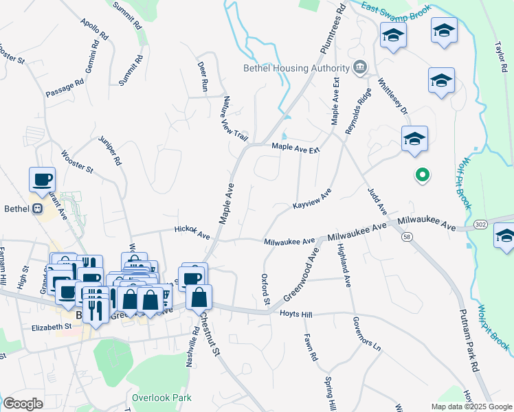 map of restaurants, bars, coffee shops, grocery stores, and more near 2 McKay Road in Bethel