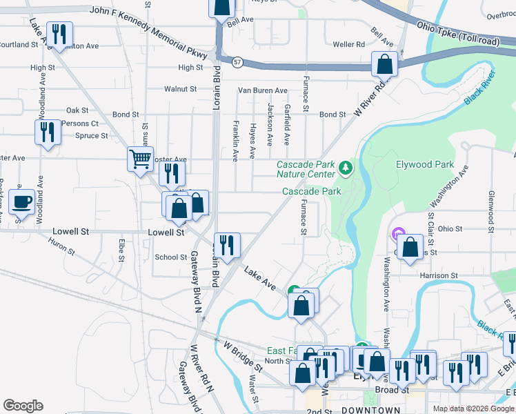 map of restaurants, bars, coffee shops, grocery stores, and more near 119 Erie Street in Elyria