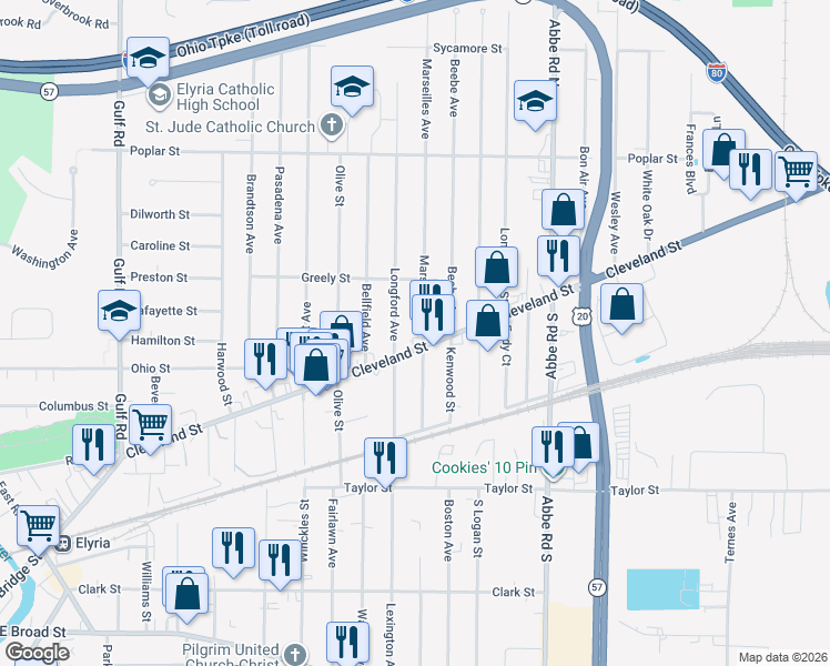 map of restaurants, bars, coffee shops, grocery stores, and more near 506 Cleveland Street in Elyria
