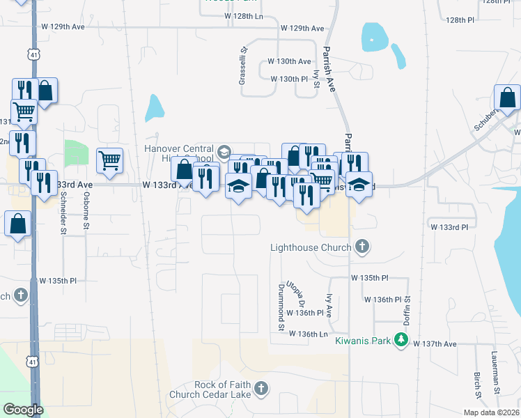 map of restaurants, bars, coffee shops, grocery stores, and more near 9905 West 133rd Avenue in Cedar Lake