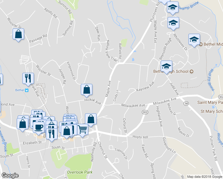 map of restaurants, bars, coffee shops, grocery stores, and more near 49 Maple Avenue in Bethel