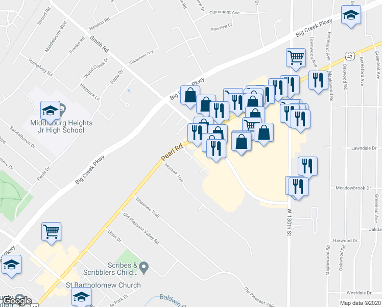 map of restaurants, bars, coffee shops, grocery stores, and more near 6957 Pearl Road in Cleveland